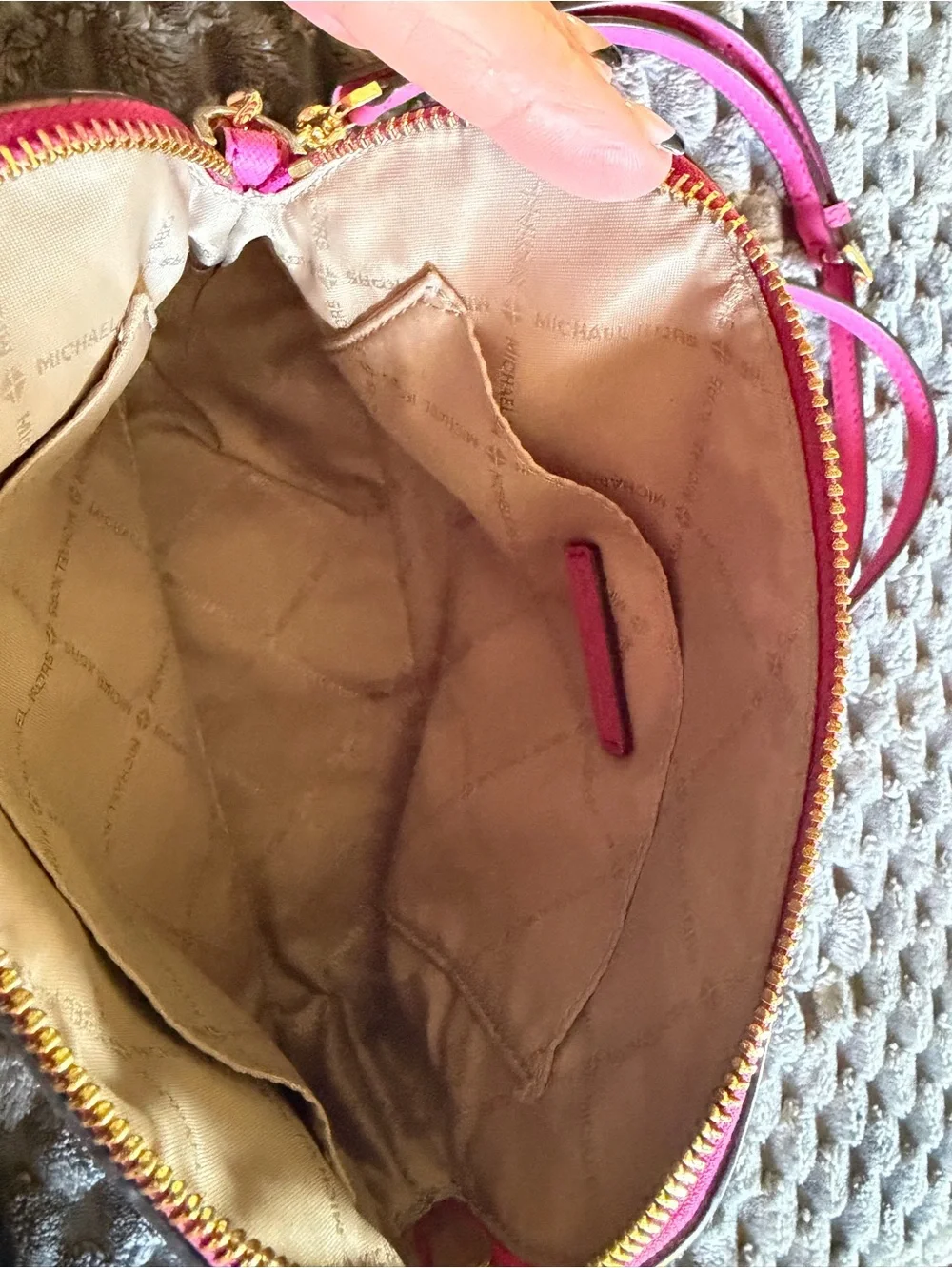 Michael Kors Cream Crossbody Bag with Pink Strap and Gold Hardware